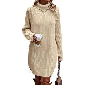 Lillusory Apricot Beige Tan Oversized Turtleneck Sweater Dress Small